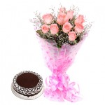 10 Pink Roses With Chocolate Cake