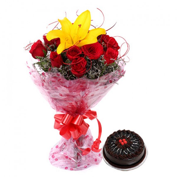 12 Red Roses And 1 Yellow Lily With Truffle Cake