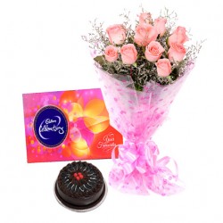 10 Pink Roses With Truffle Cake And Celebration Pack