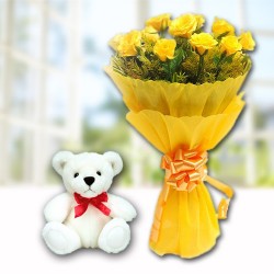12 Yellow Roses With Teddy