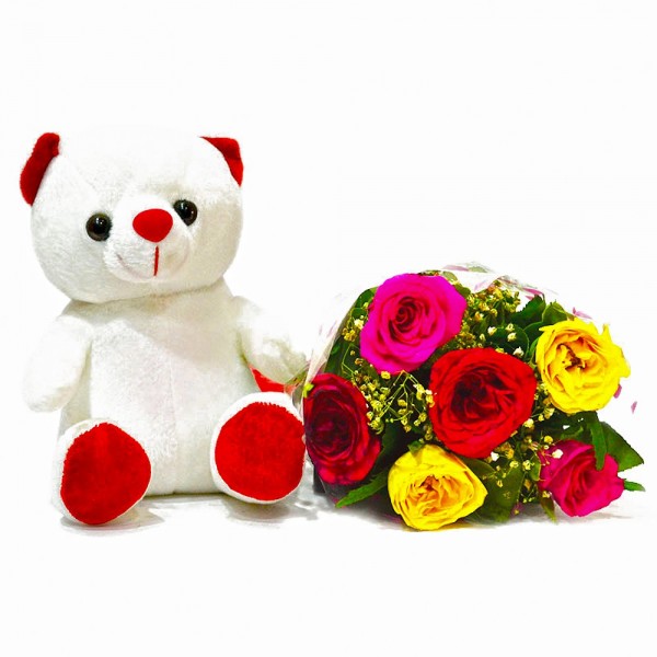 6 Mix Roses With Teddy