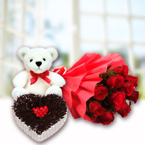 10 Red Rose With Cake and Teddy