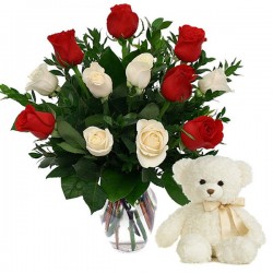 12 Red White Roses With Teddy