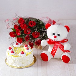 Red Roses With Cake And Teddy
