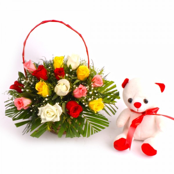 Mix Roses Basket With Teddy