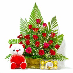 20 Red Roses Basket With Ferrero Rocher Chocolates And Teddy Bear