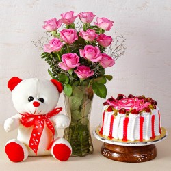 Pink Roses Vase With Cake And Teddy 