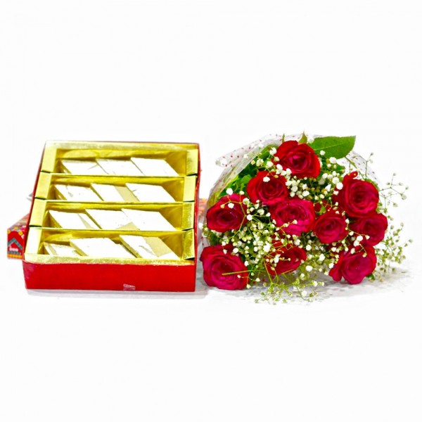 10 Red Roses With Box Of  Kaju Barfi