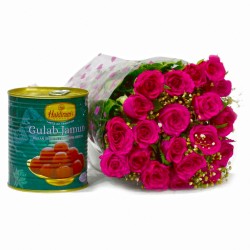 20 Pink Roses With Mouthmelting Gulab Jamuns