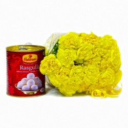 20 Yellow Carnations With Tempting Rasgullas