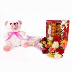 15 Colorful Roses With Teddy Bear And Assorted Sweets